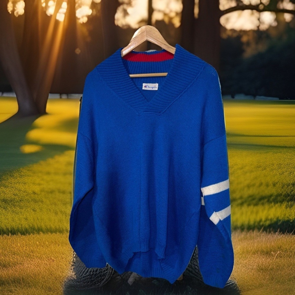 Vintage Rare 🤩 Champion Sweater Men XL Blue Wool Acrylic‎ Sports Made In Italy